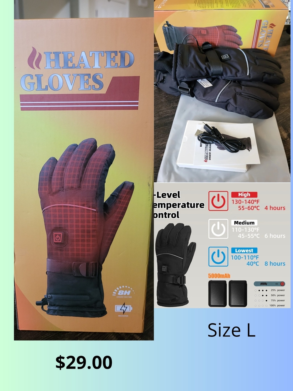 Heated Winter Gloves with Temperature Control - Black, Size L